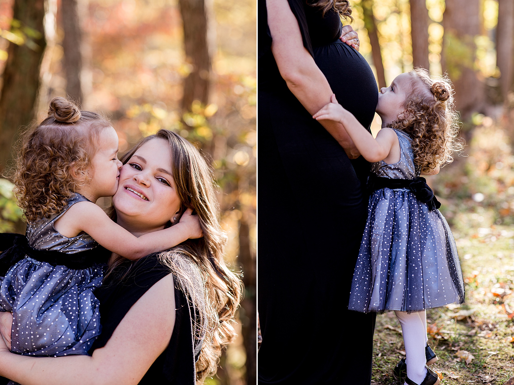 toddler hugs mom and kisses belly during Montgomery Bell State Park maternity session