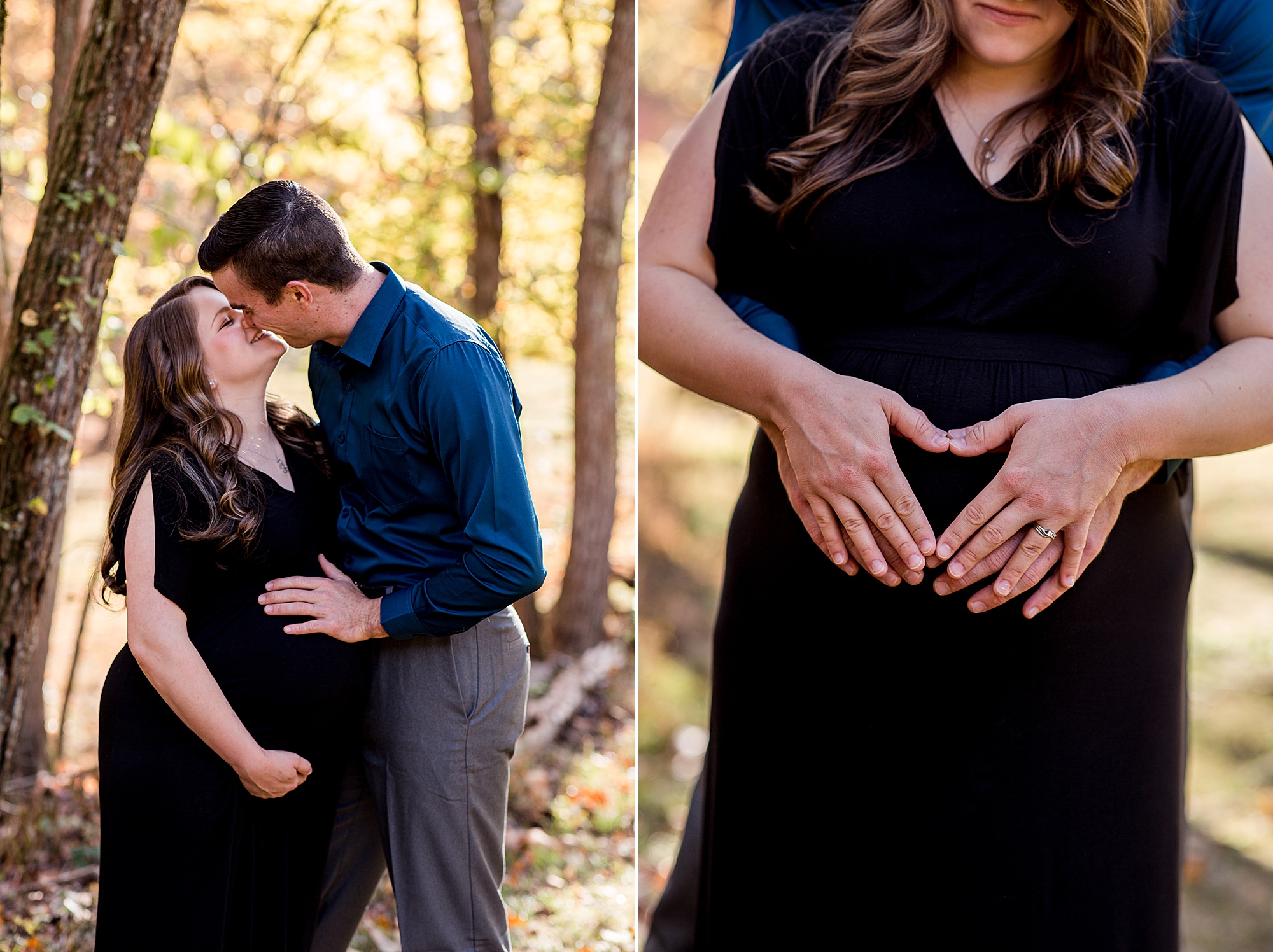 couple kisses while holding mom's belly during maternity session at Montgomery Bell State Park