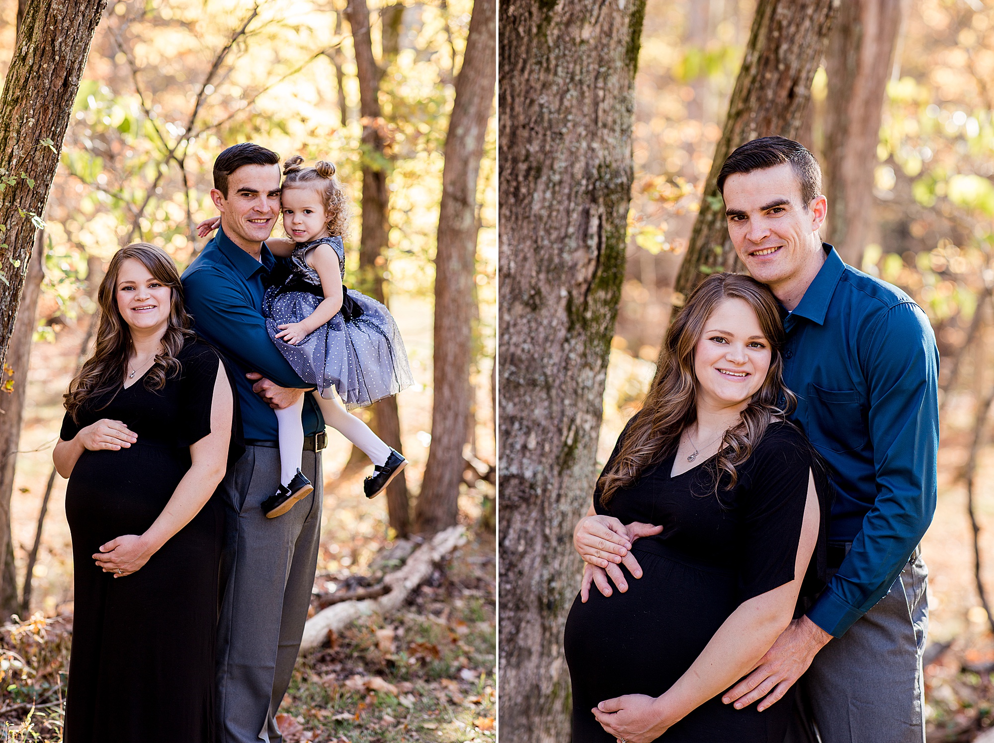 husband and wife hold mom's belly during maternity session at Montgomery Bell State Park