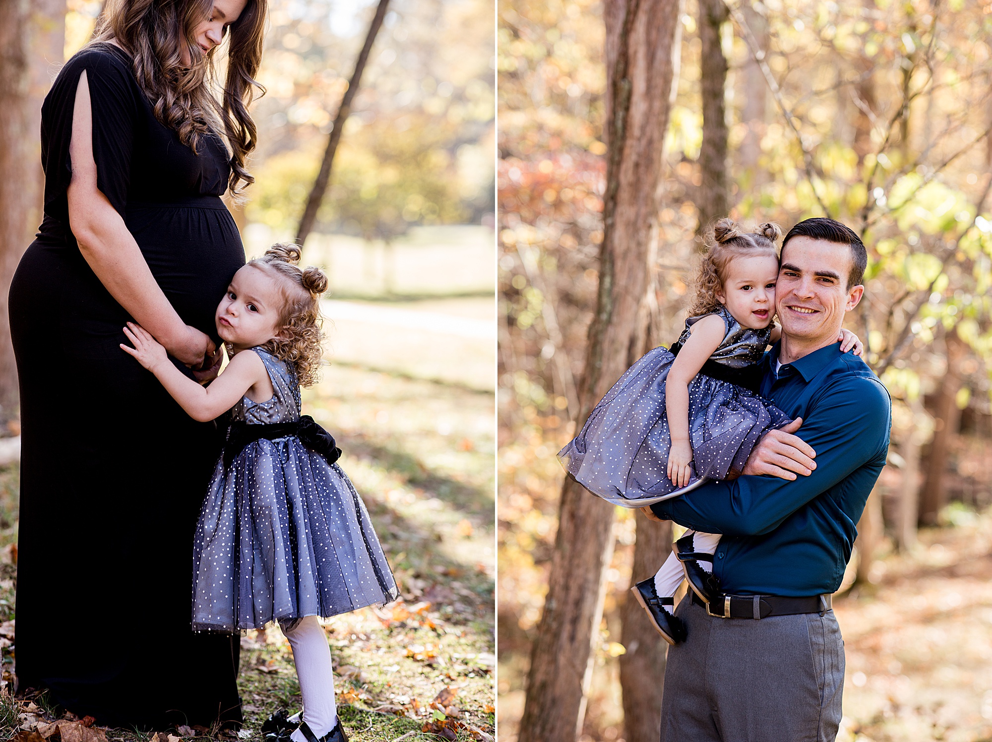 parents hug toddler during fall family portraits 