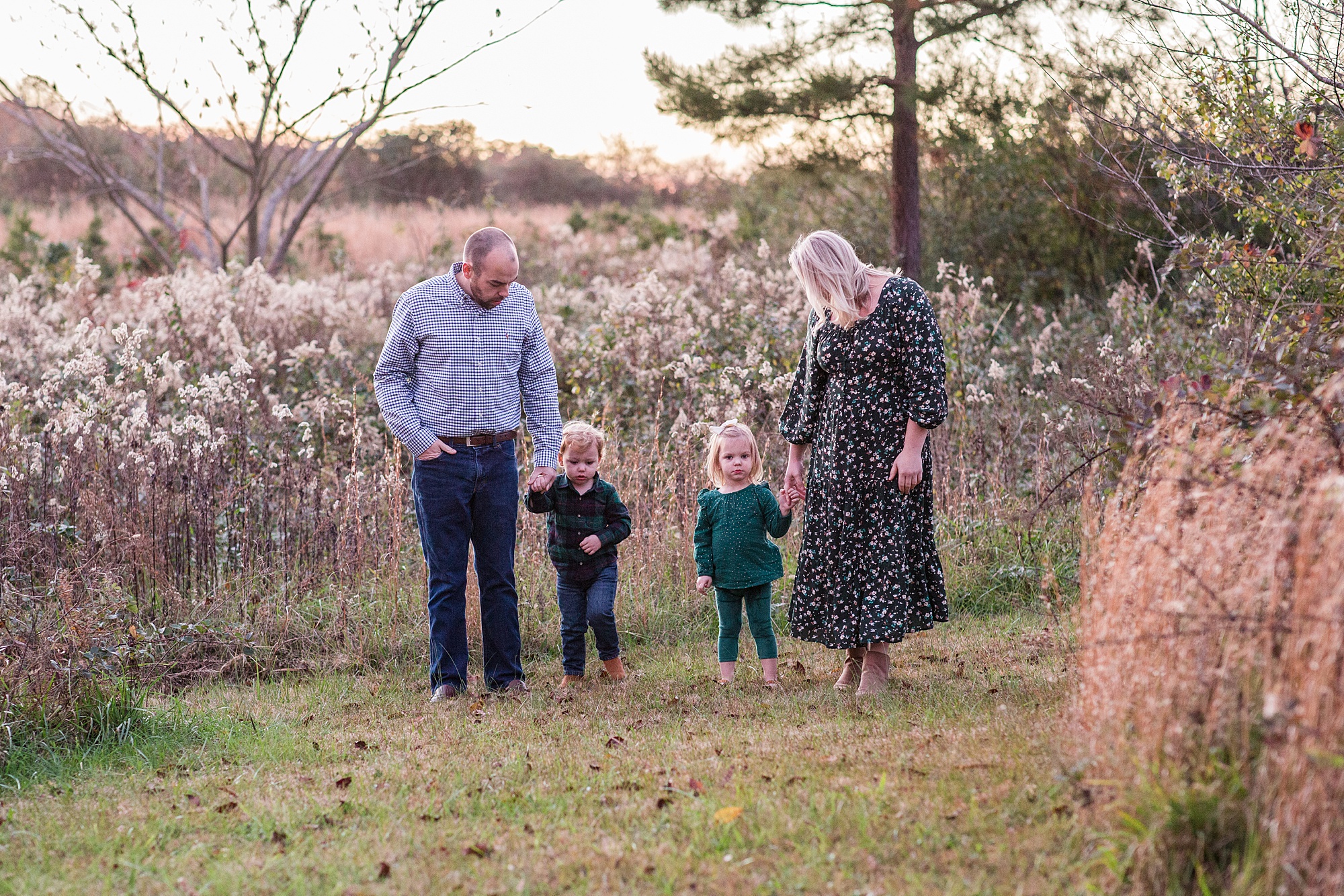 family walks along the edge of Christmas tree farm
