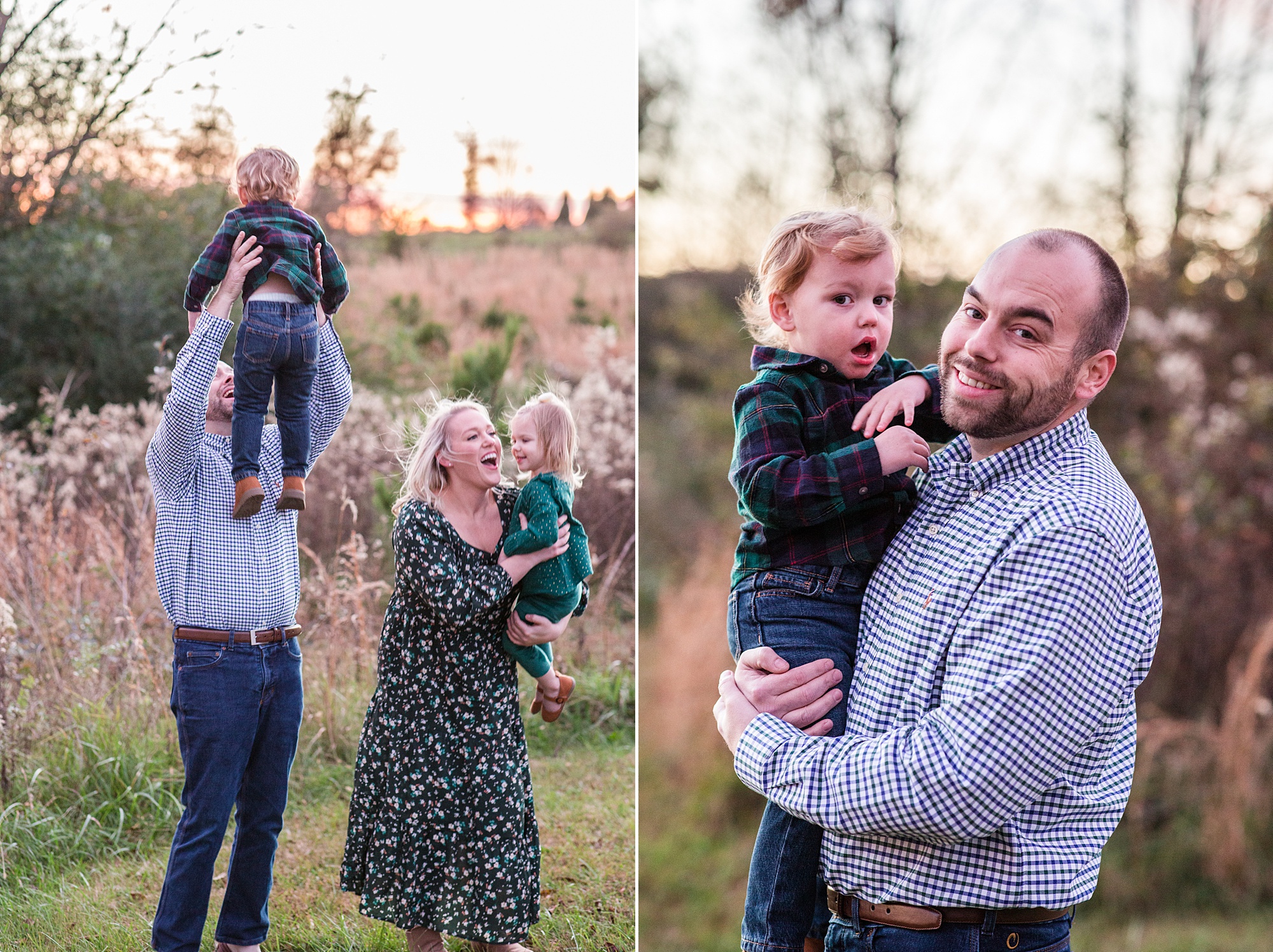 husband and wife play with toddlers during photos at sunset in TN