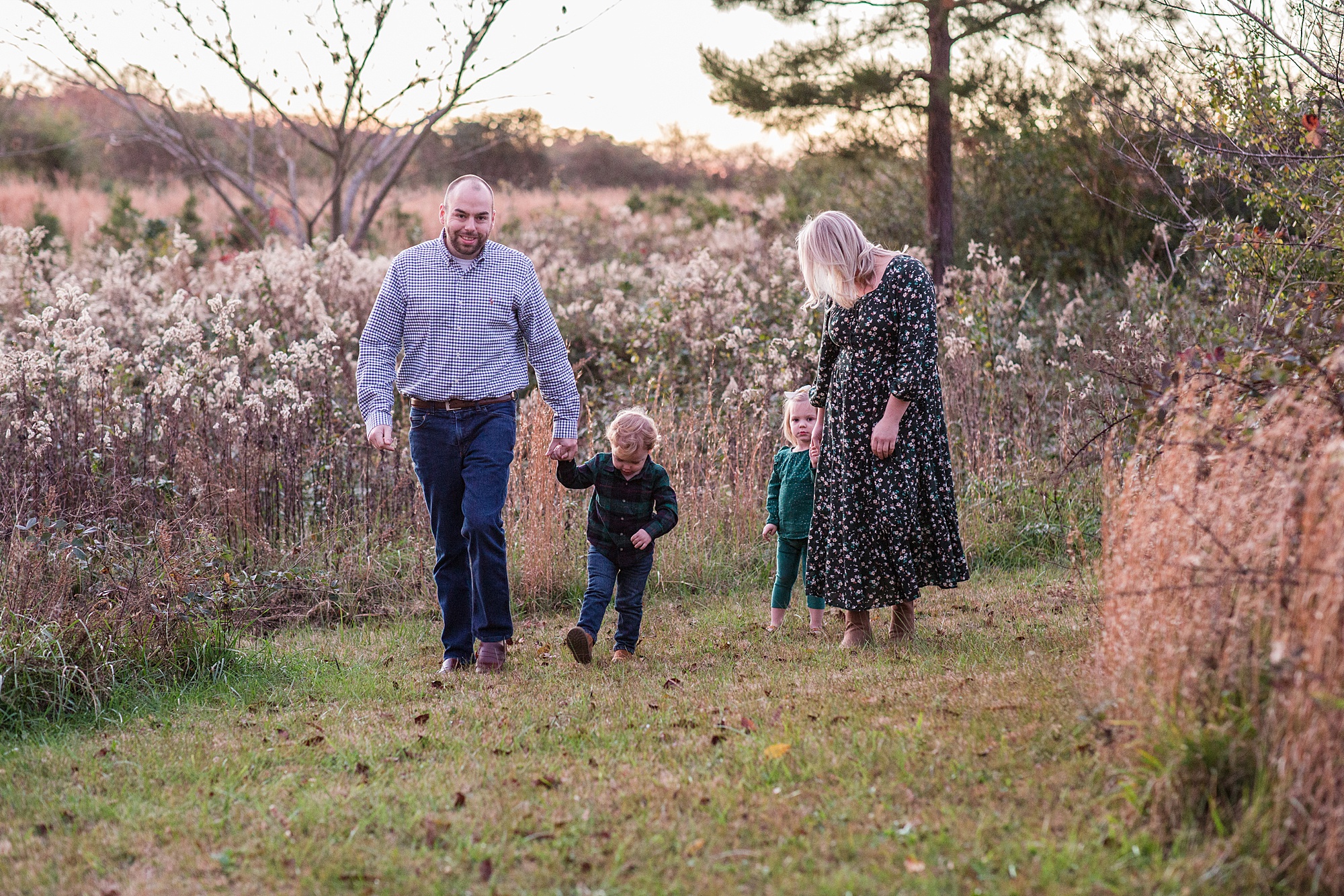 parents walk with two toddlers during Pinewood Christmas Tree Farm Family Portraits