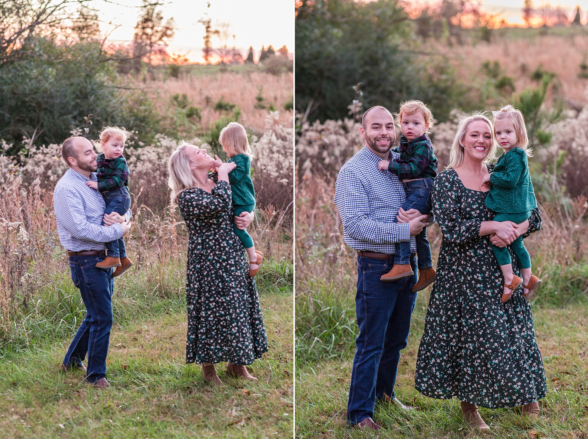 couple hugs children during Pinewood Christmas Tree Farm family portraits at sunset