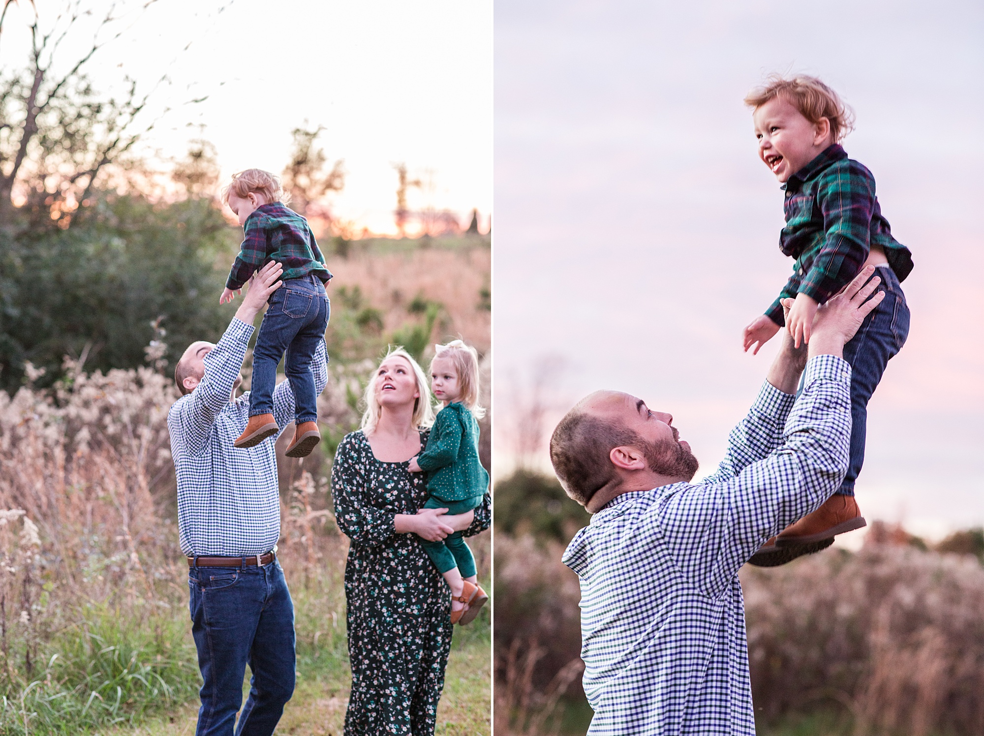 dad lifts up son during family session at Pinewood Christmas Tree Farm