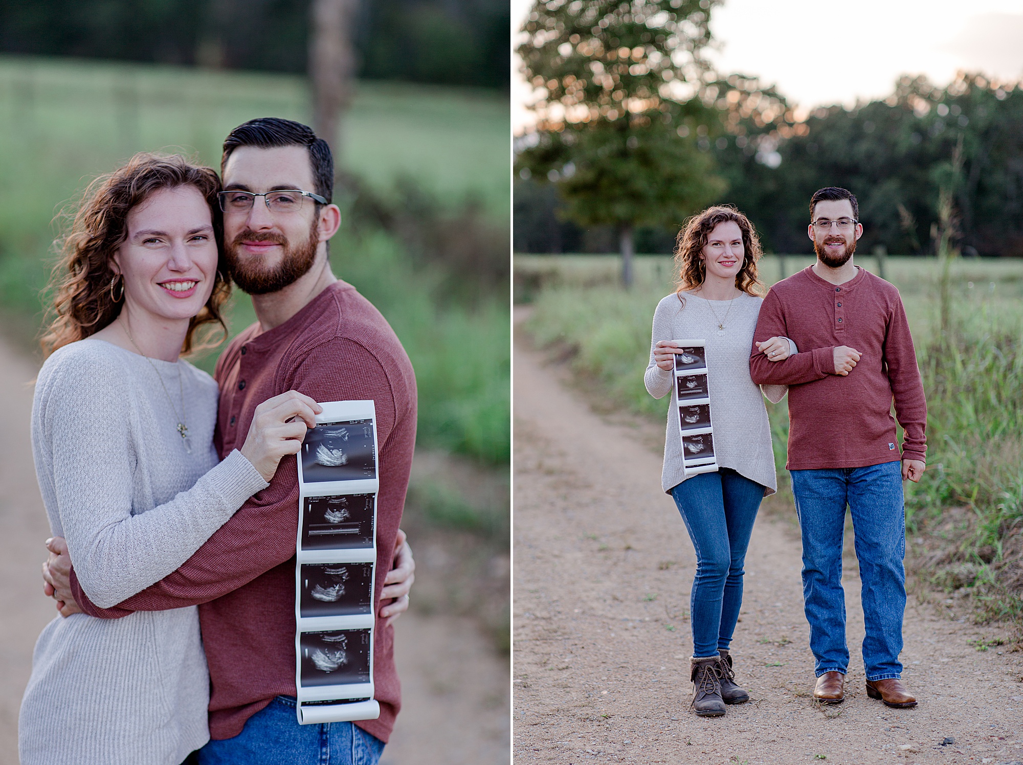 husband and wife walk down country road during Pregnancy Announcement in Hickman County, TN