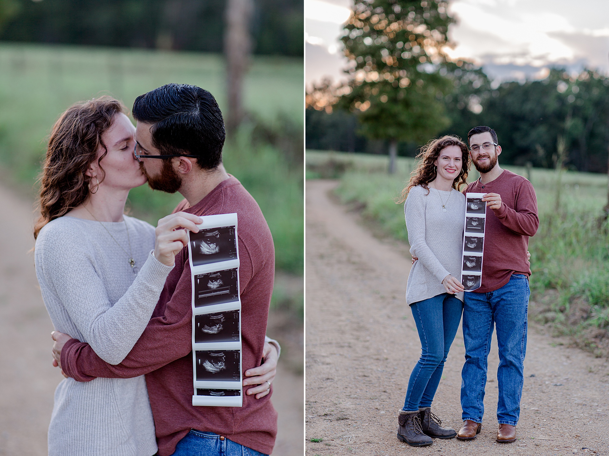 married couple kisses holding sonogram during Pregnancy Announcement in Hickman County, TN