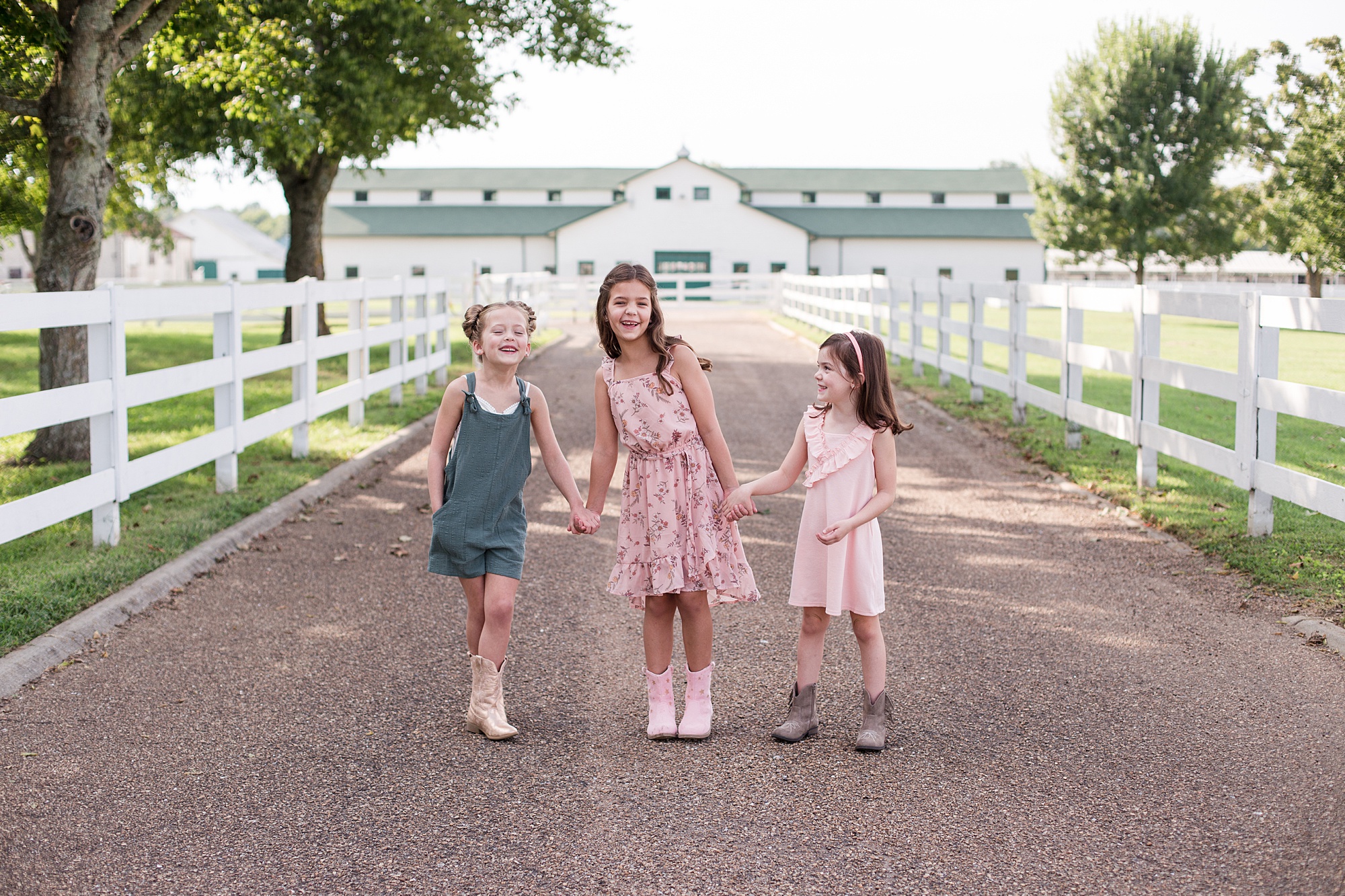 three girls hold hands during family photos at Harlinsdale Farm