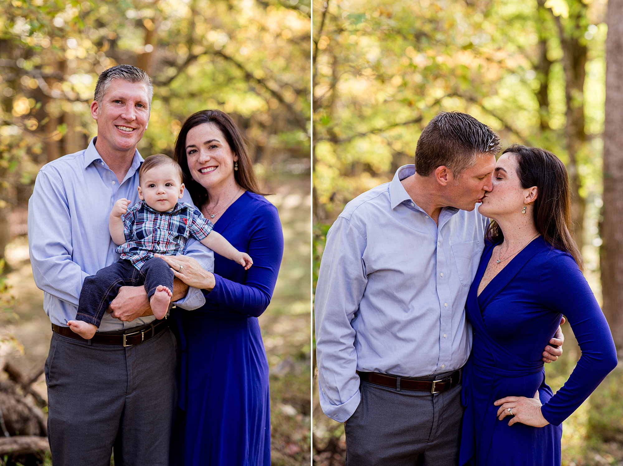 parents pose with son and kiss during fall family photos