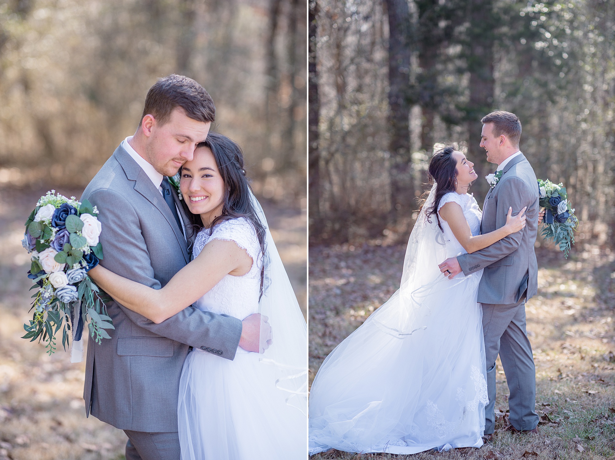 newlyweds hug during winter wedding photos