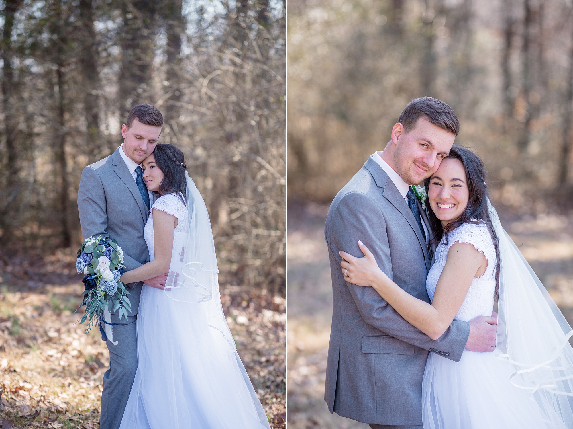 winter wedding portraits by woods in Middle Tennessee