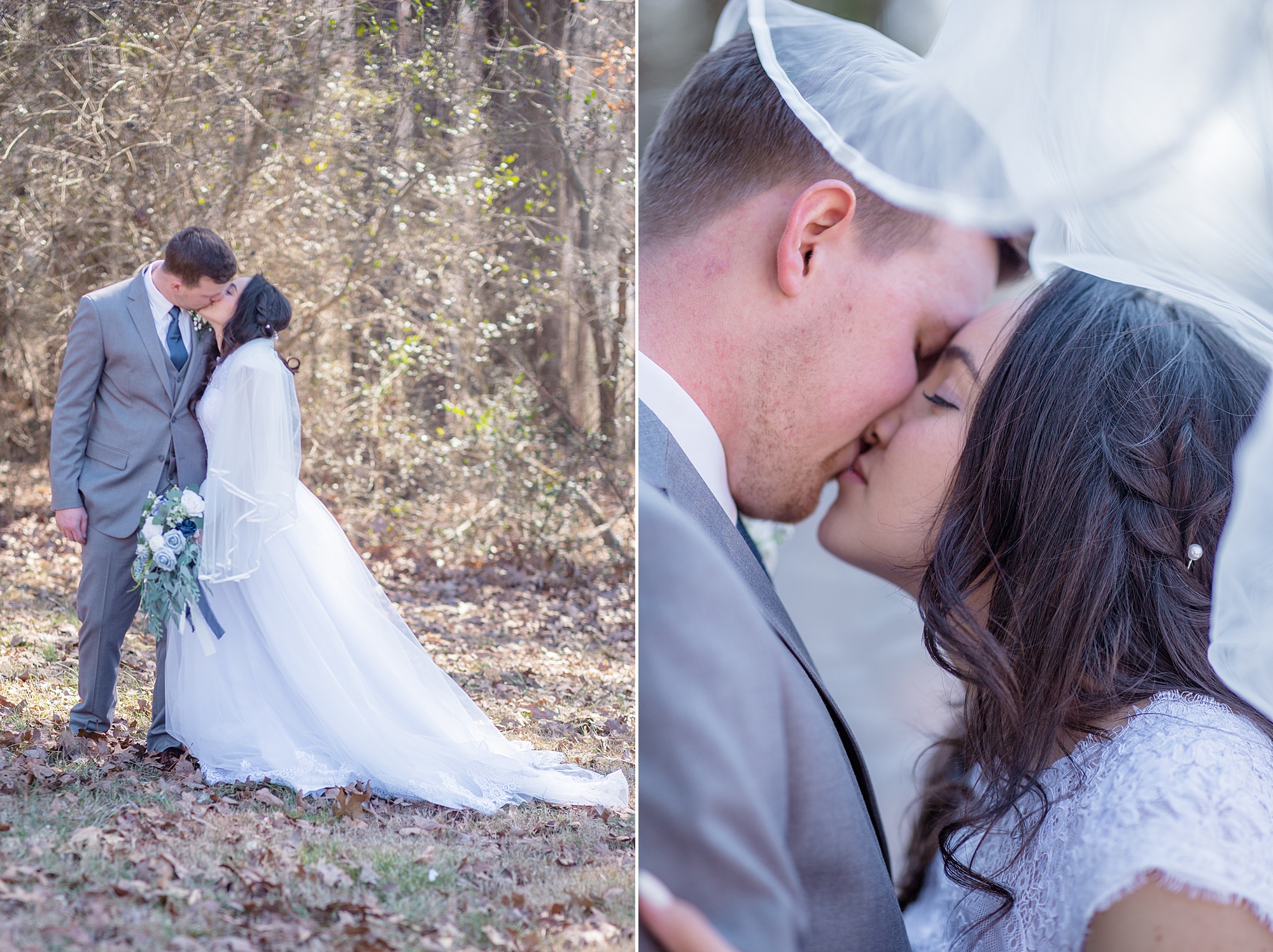 couple kisses during wedding portraits in Tennessee