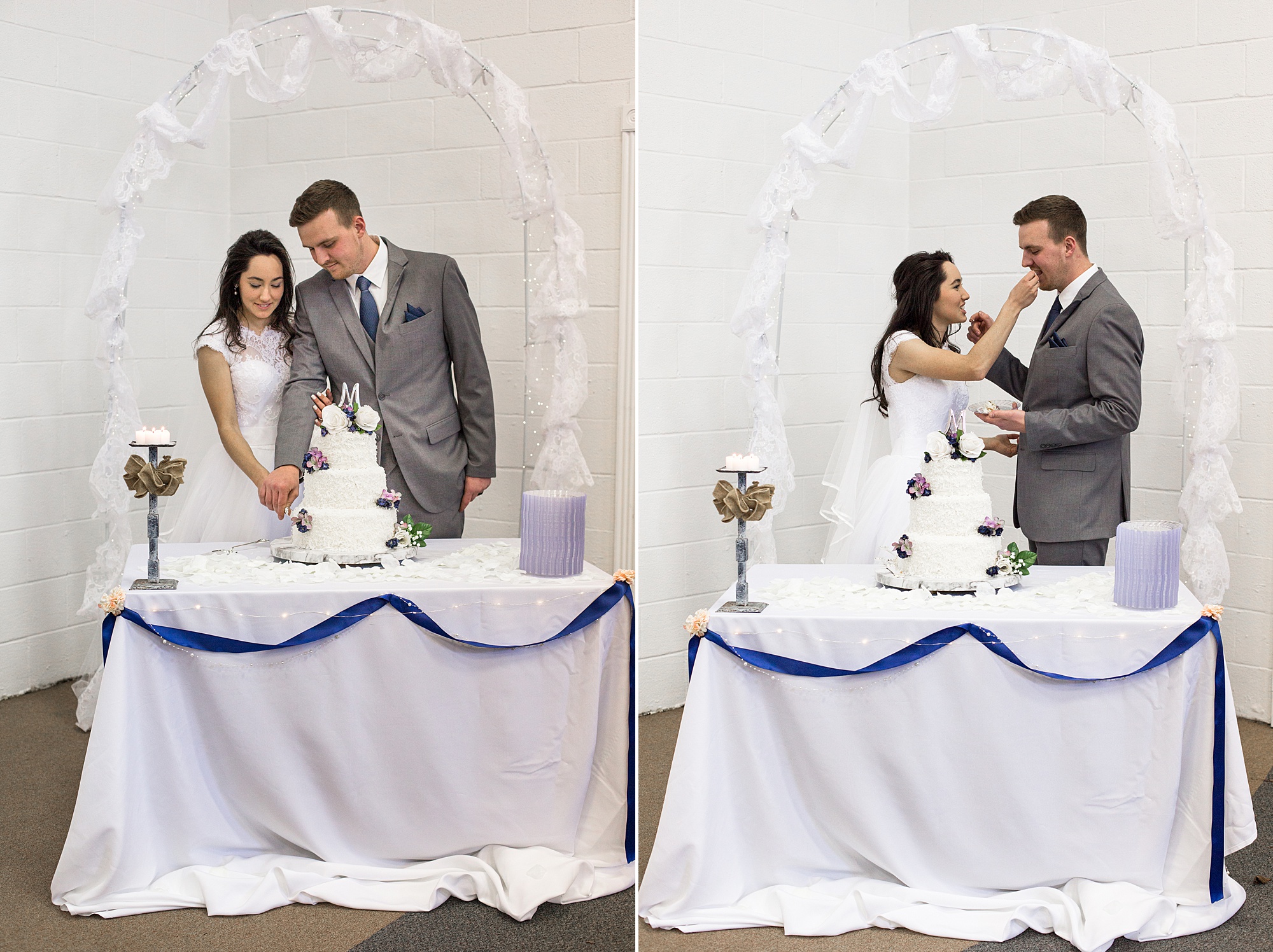 couple cuts wedding cake together