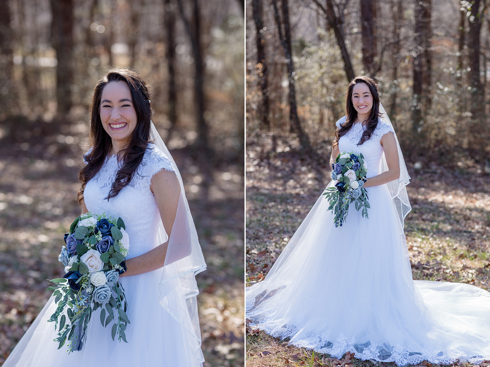 winter bridal portraits for bride with veil around her