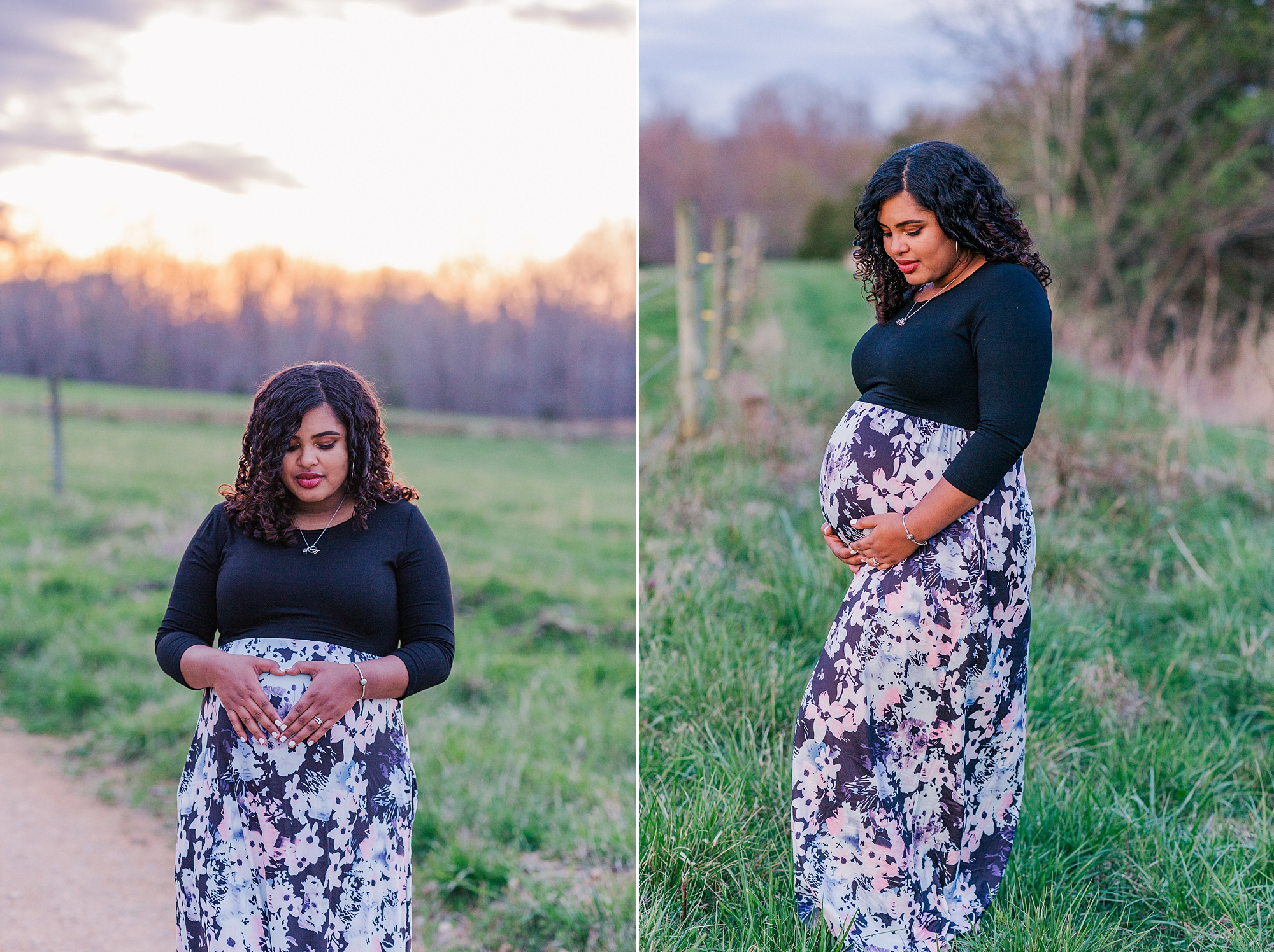woman holds baby belly during  sunset maternity session in TN