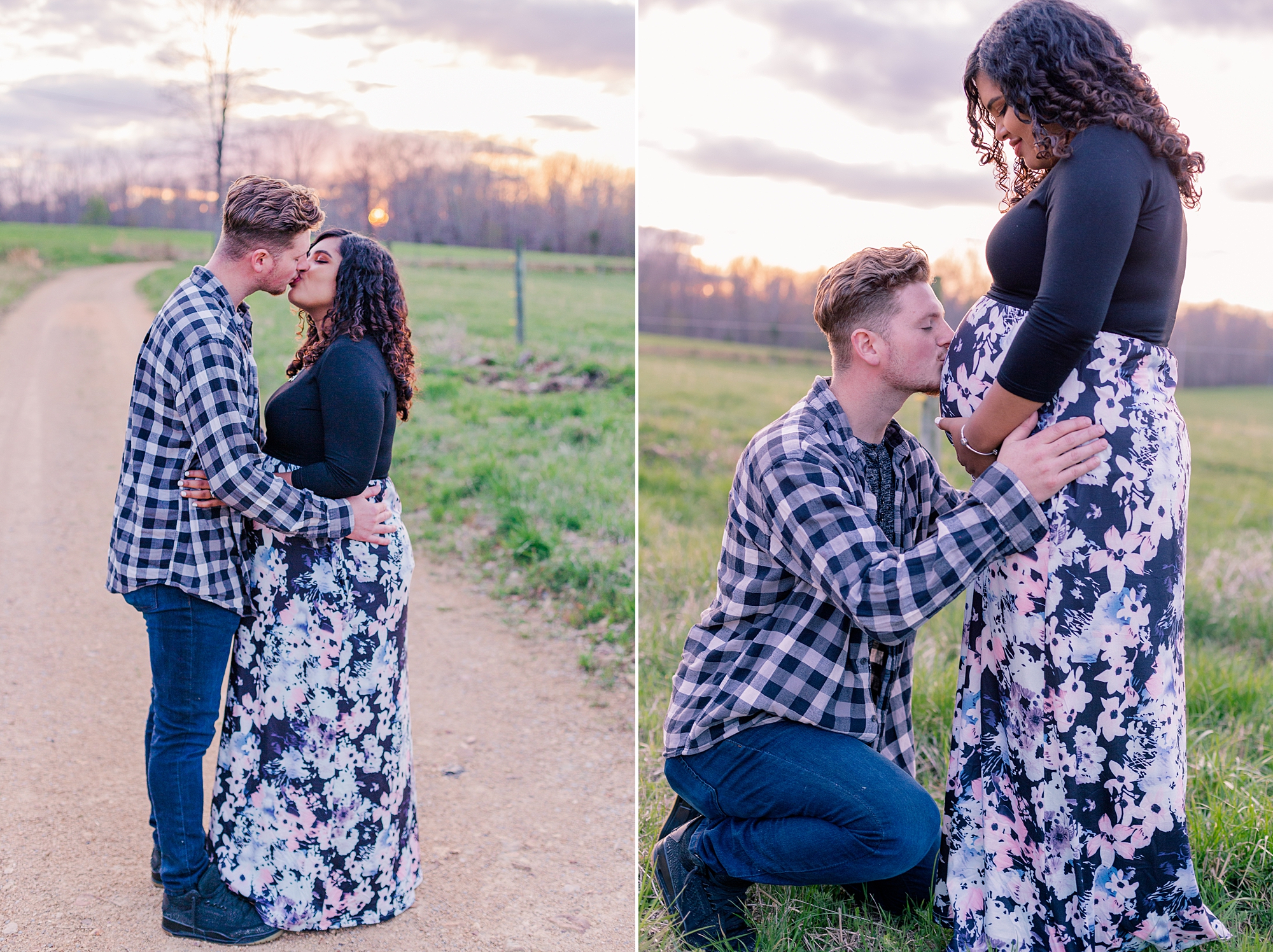 man kisses wife during sunset maternity session in Tennessee 