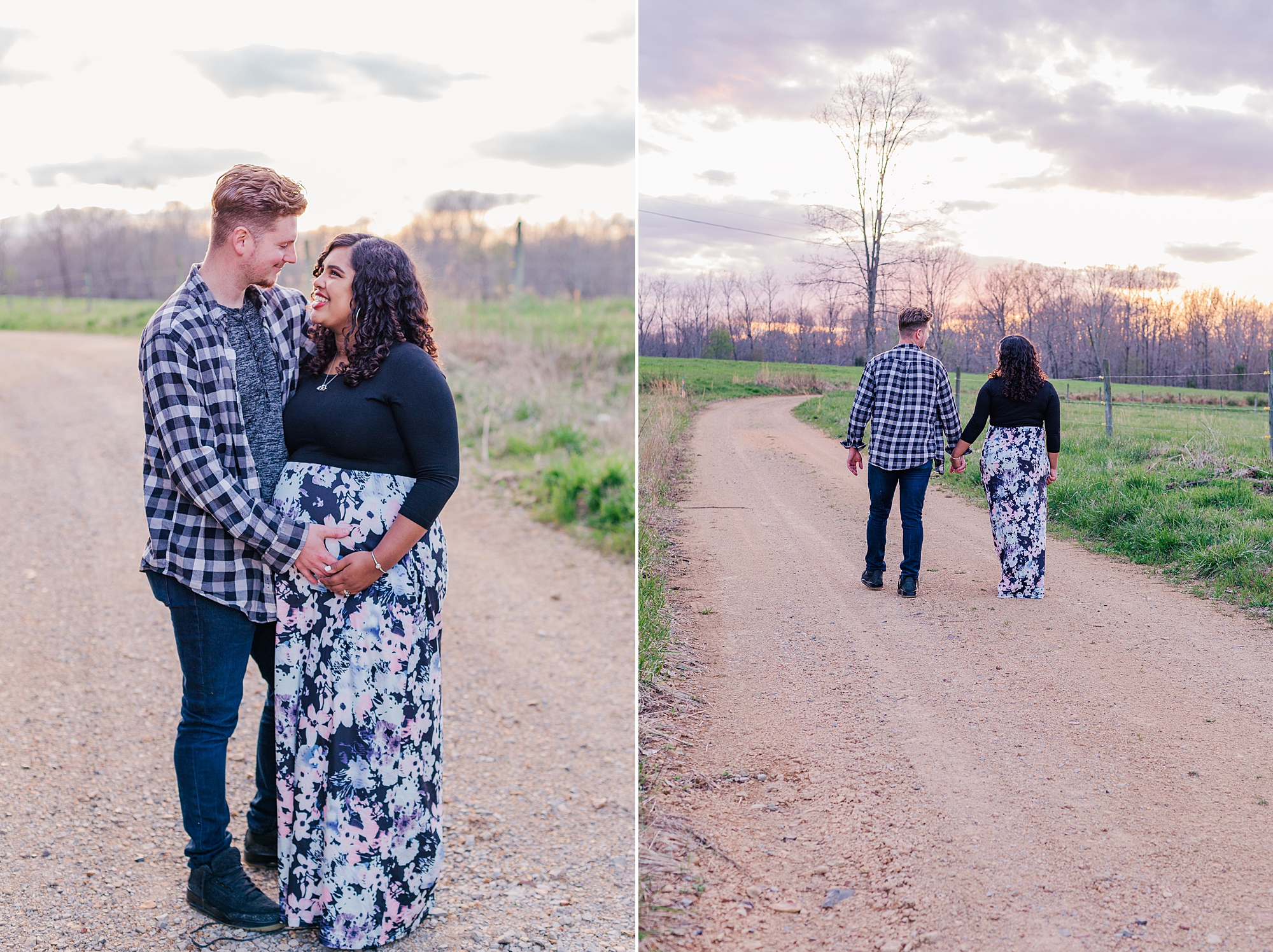 couple walks down trail during  sunset maternity session in Lyles TN