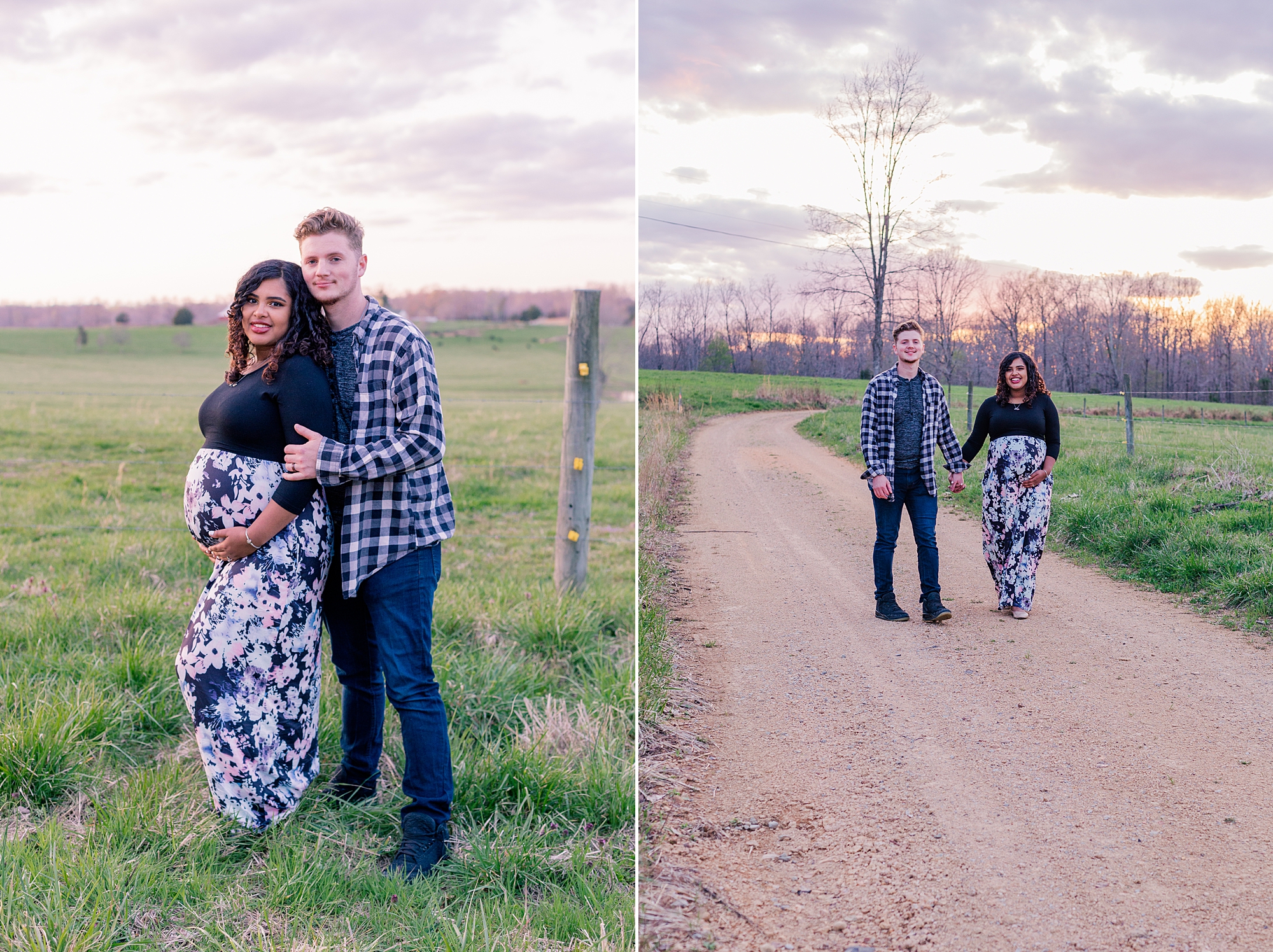 young couple poses along side of country road