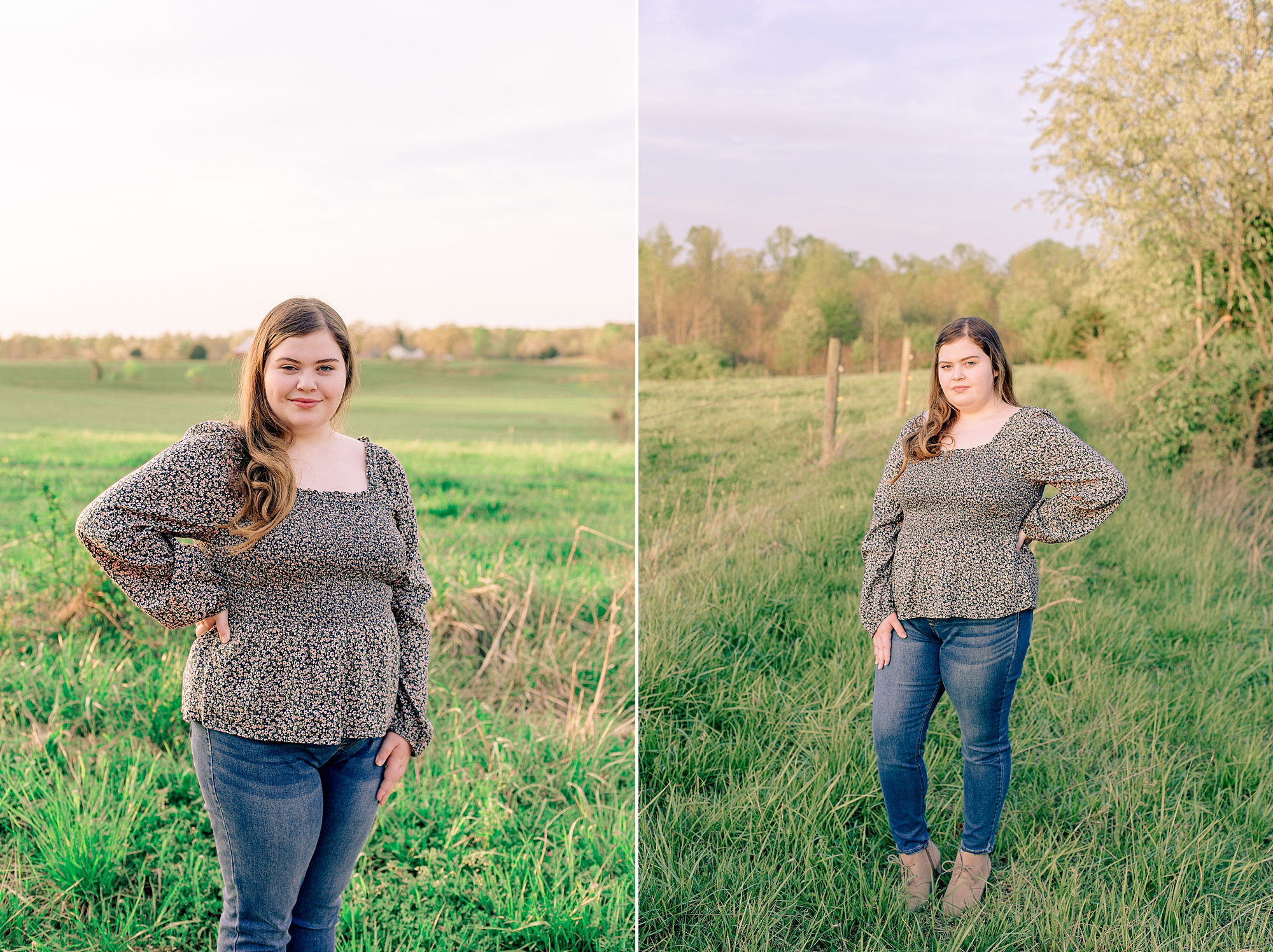 senior poses in field at sunset during Tennessee senior portraits 
