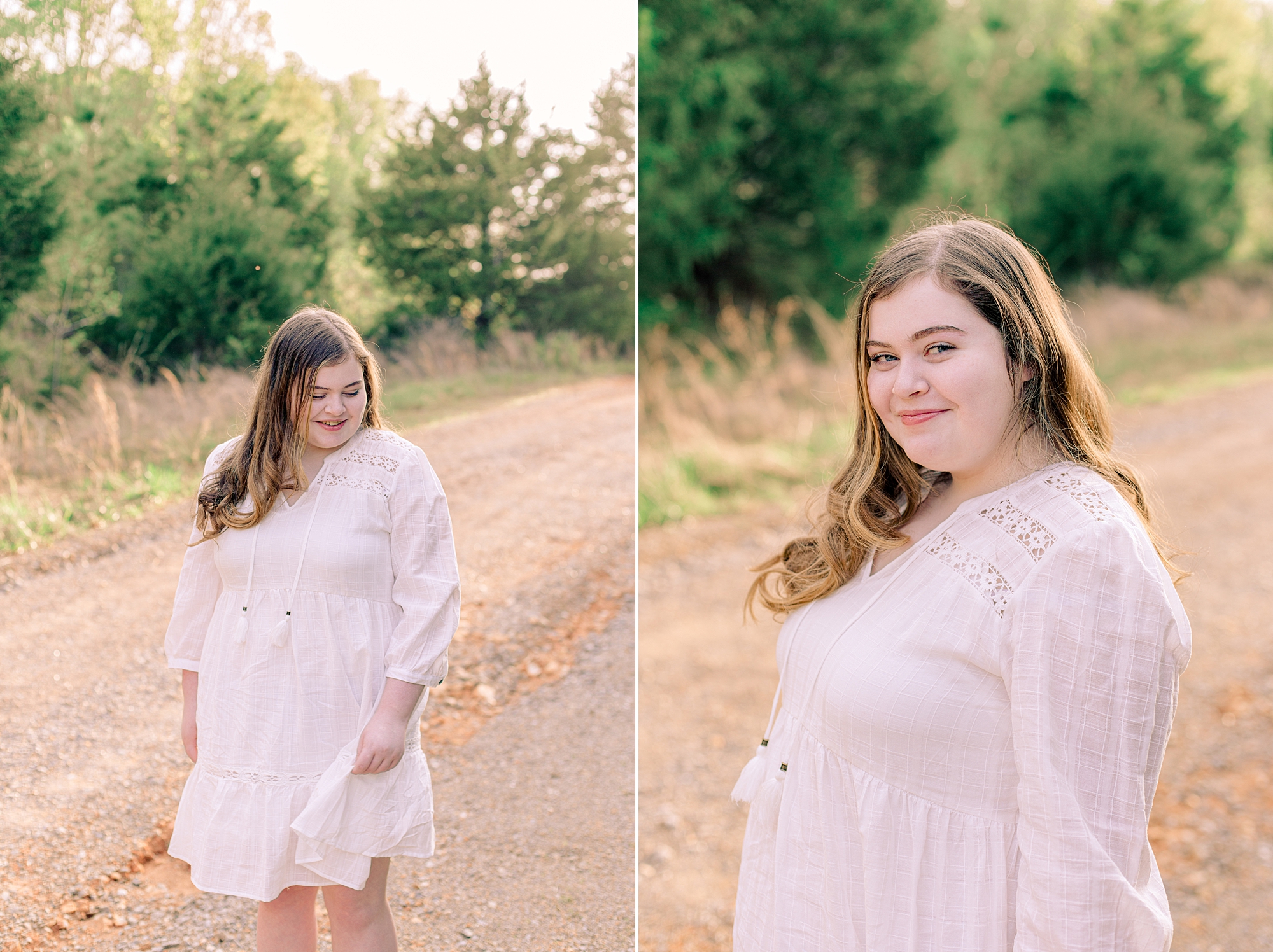 sunset Tennessee senior portraits for girl in white dress