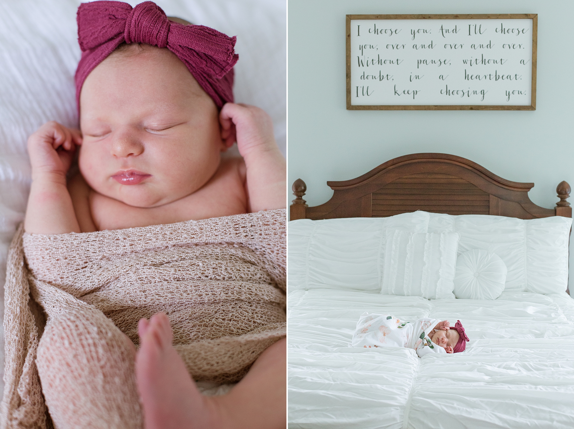 baby lays on bed at home during newborn session
