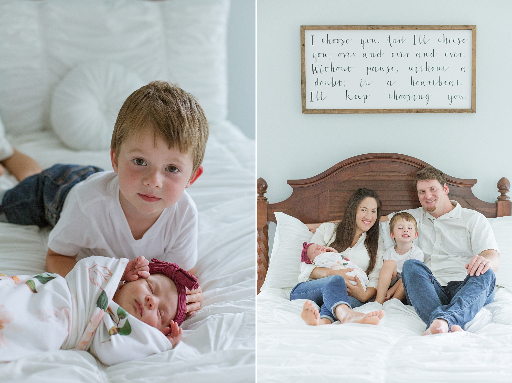 toddler lays on bed with baby sister during lifestyle newborn session