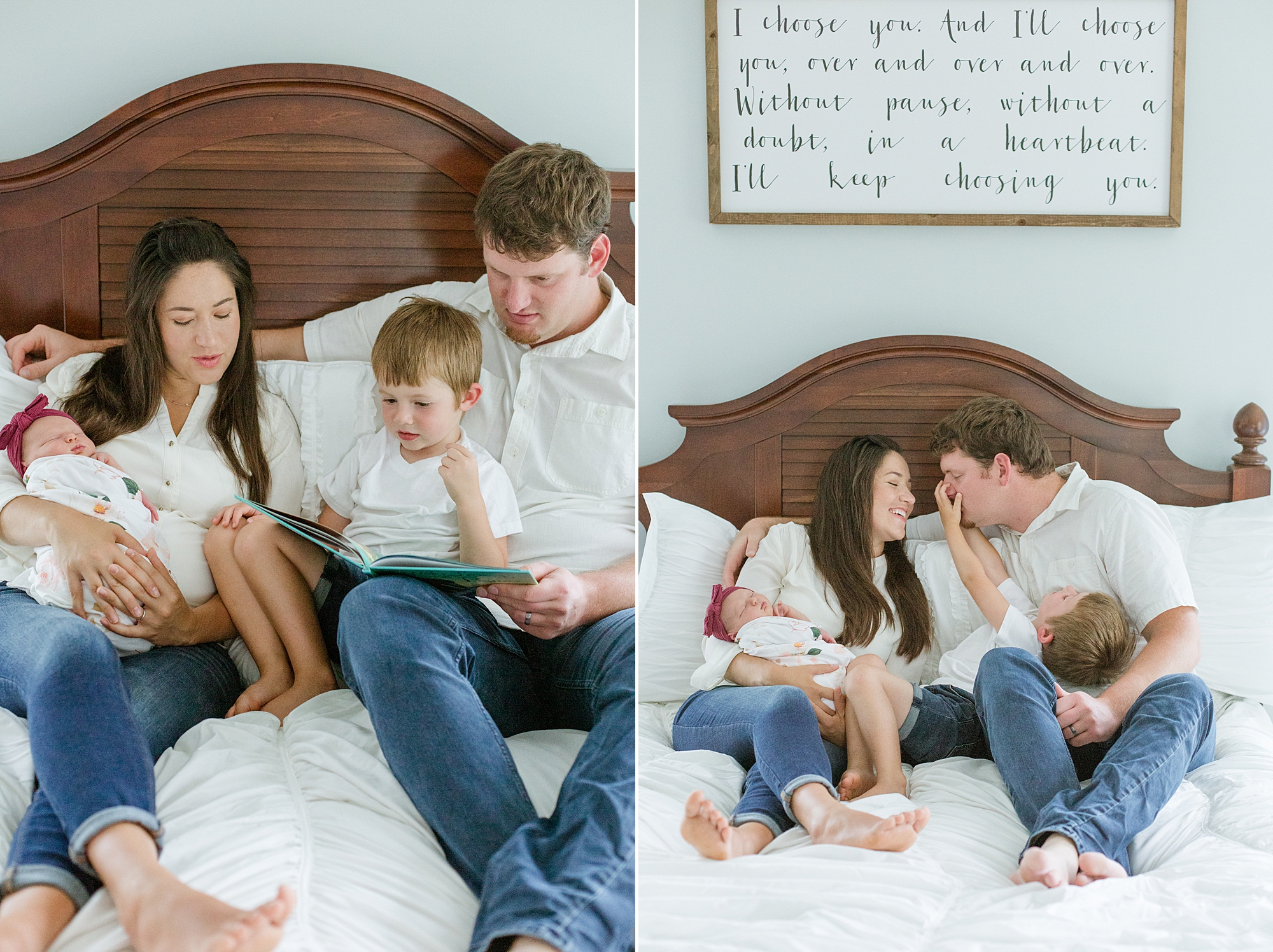 parents sit on bed with newborn daughter and toddler son