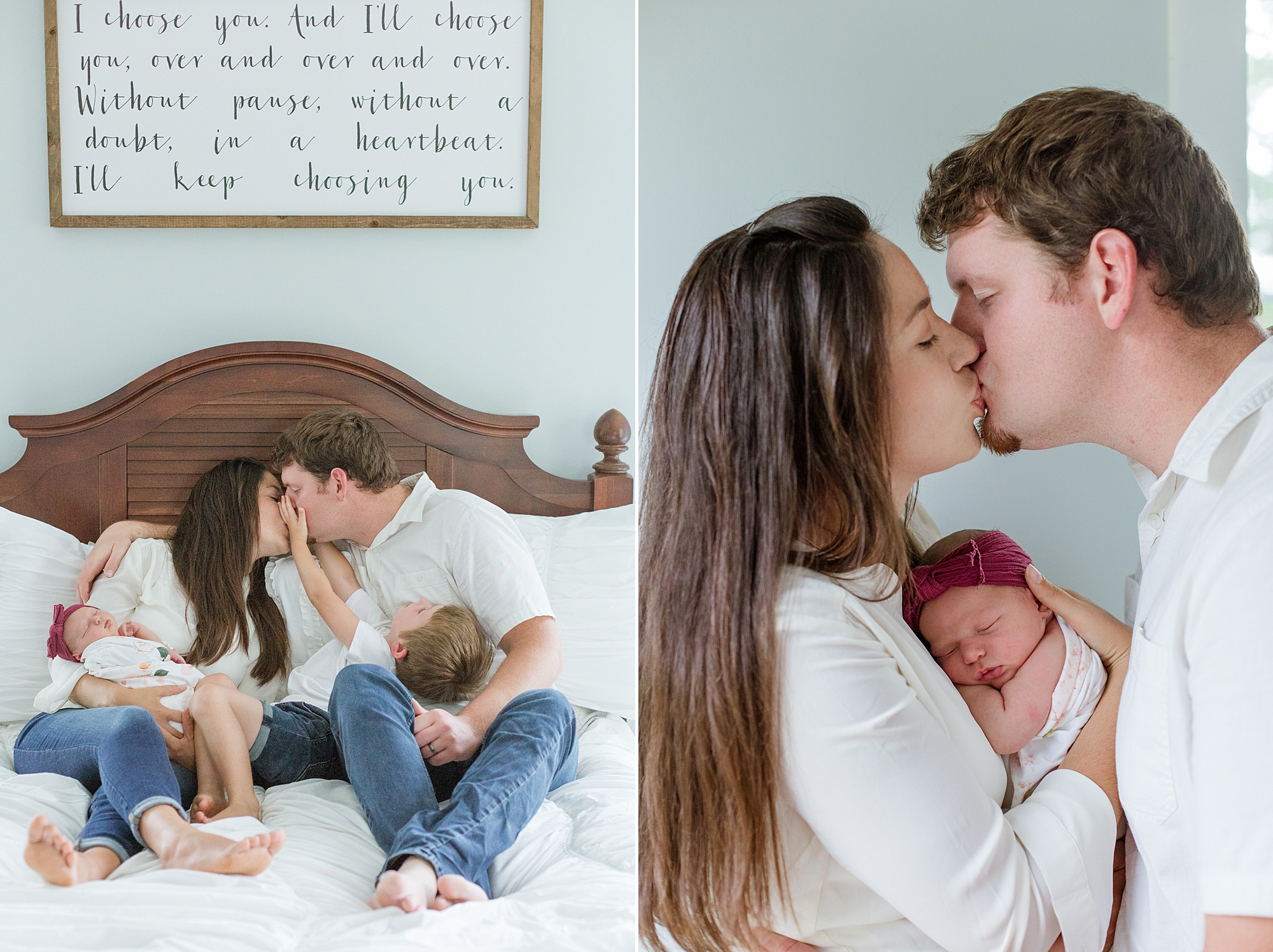 parents kiss holding baby girl during newborn photos at home